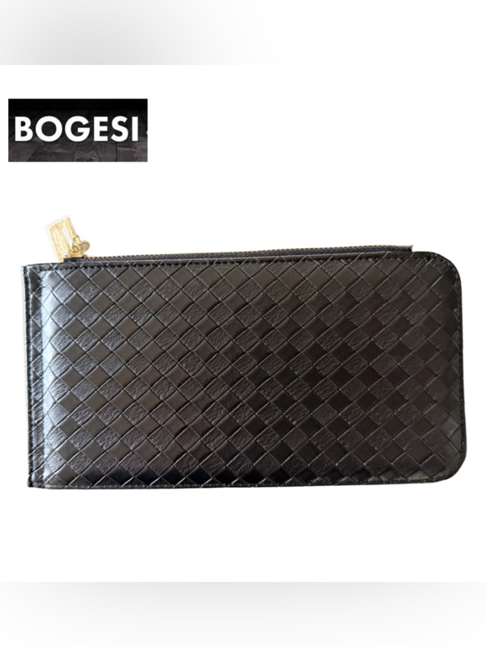 Bogesi Woven Leather Wallet with Zip Pouch in Black